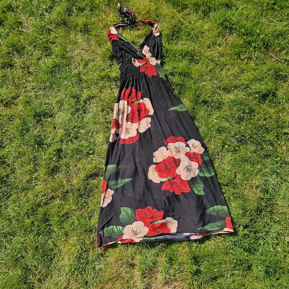Black floral maxi dress with tie back detail